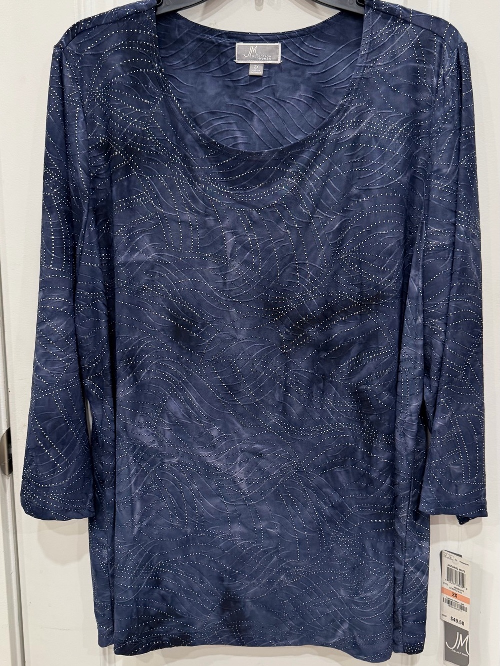 JM Collection Navy Tunic with Silver Dot Wave Detail